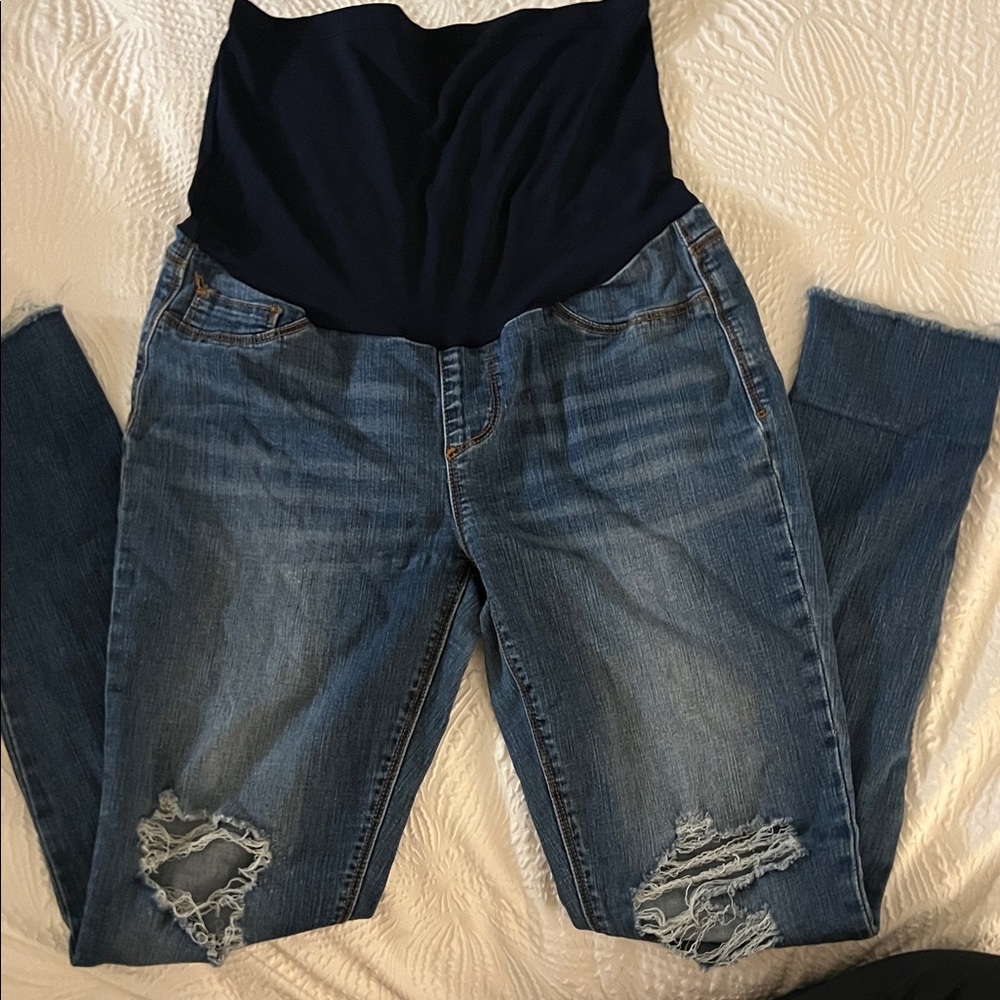 Indigo Rein Blue Distressed Boyfriend Maternity Jeans with Navy Panel